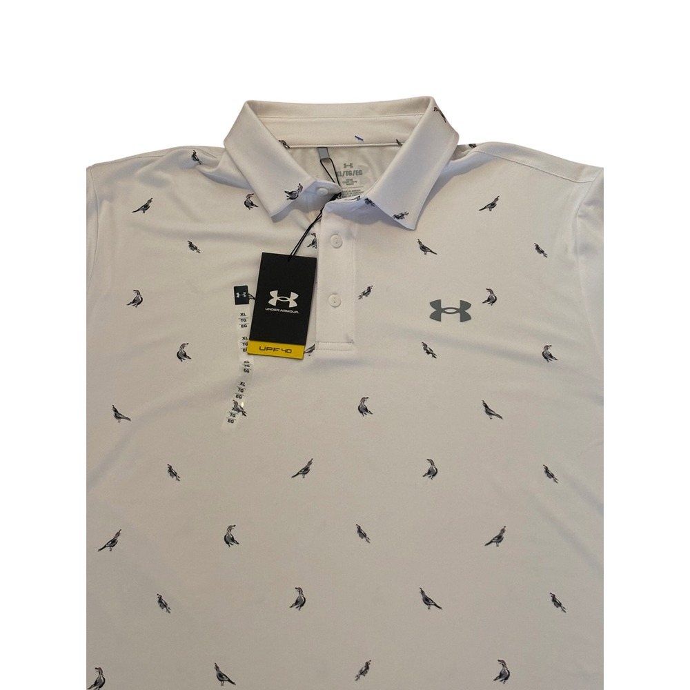NWT Under Armour Mens XL White Quail Bird Print Golf Polo Shirt UPF 40